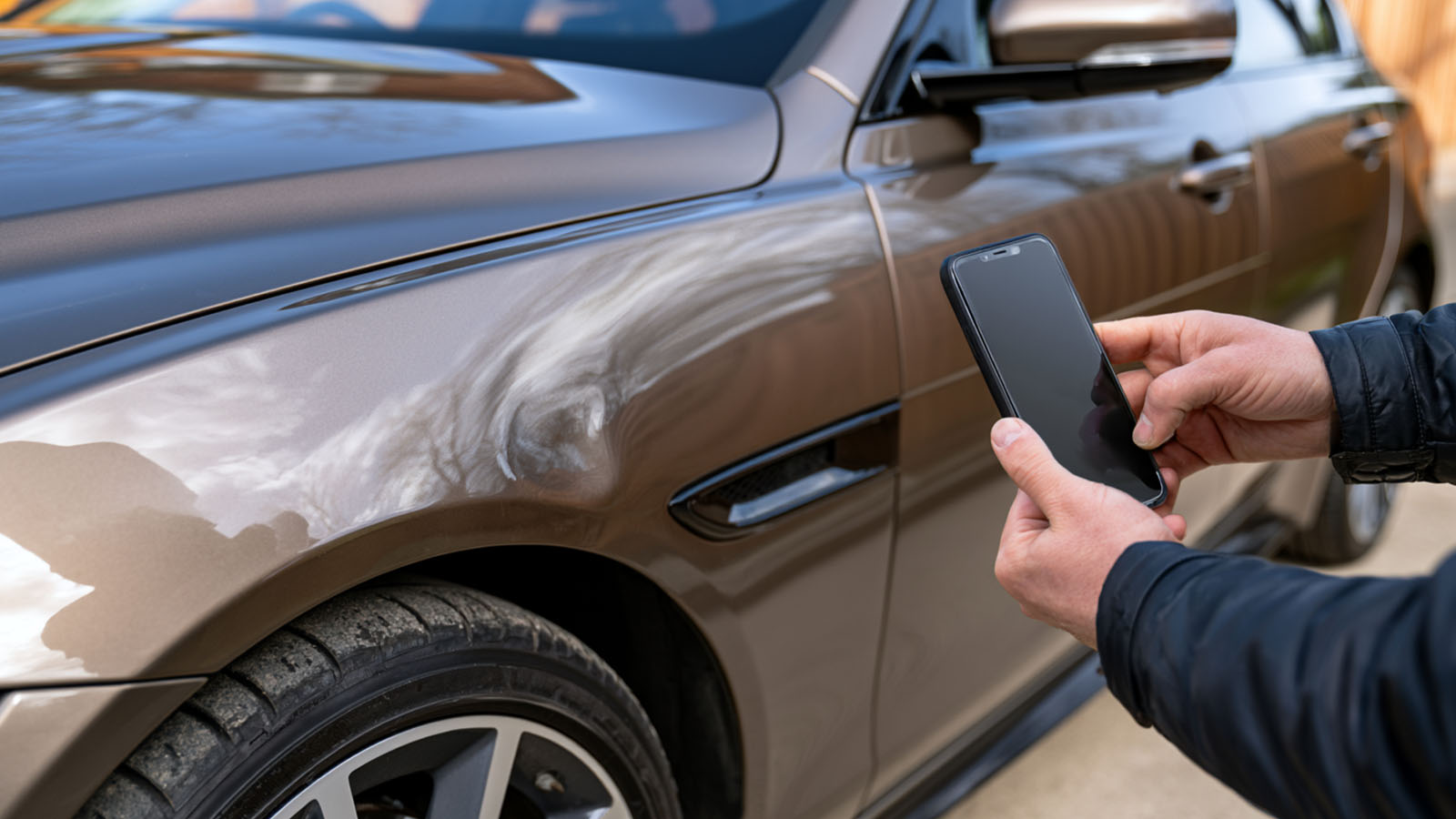 Car door dent being photographed for a repair quote